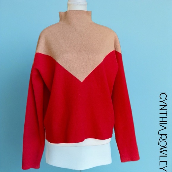 Cynthia Rowley Women's Red and Tan Cowl Sweater - Picture 2 of 8
